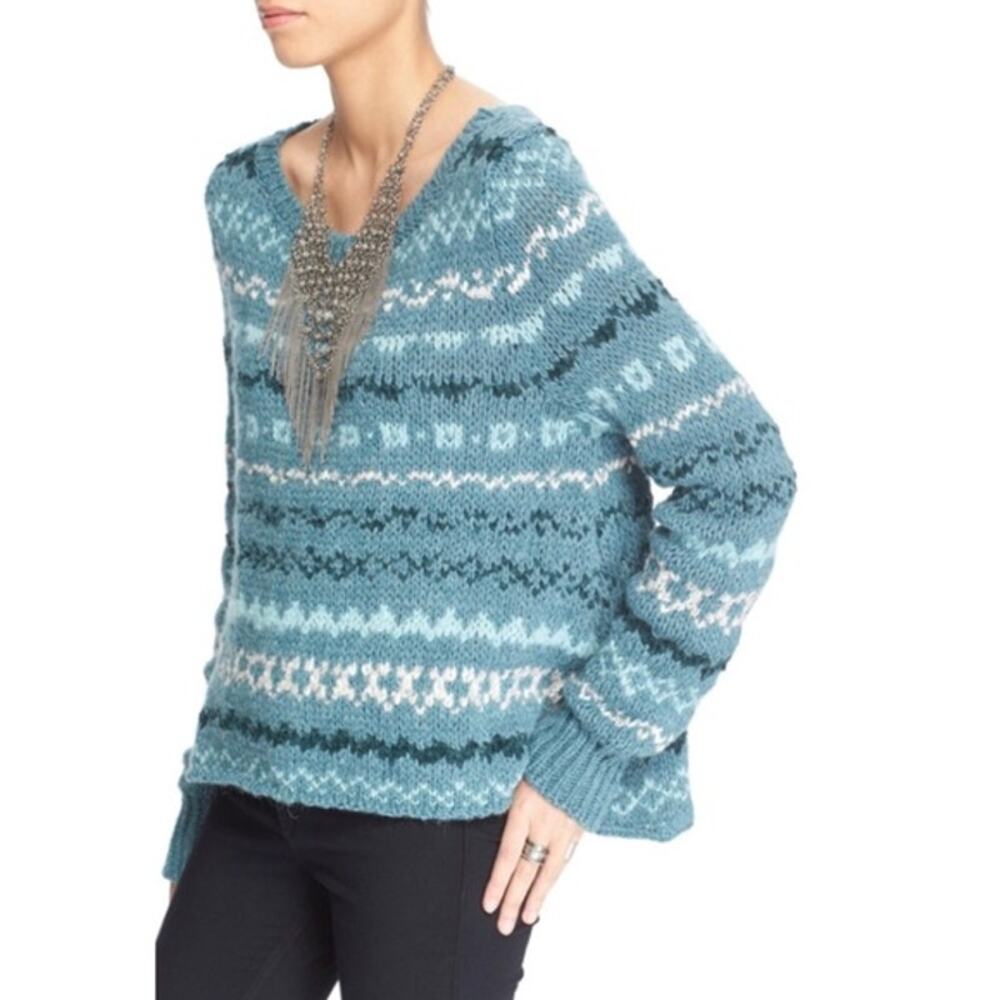 Women's Free People Through the Storm Wool Blend Fair Isle Sweater Green XS - Picture 11 of 11